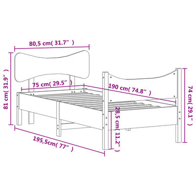 vidaXL Estrutura cama c/ cabeceira 75x190 cm pinho maciço