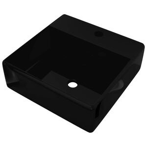 Lavat&oacute;rio cer&acirc;mica quadrado com orif&iacute;cio torneira/descarga, preto