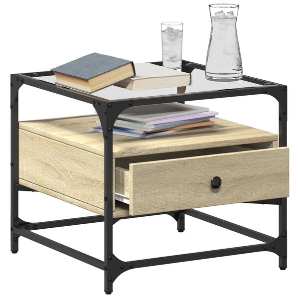 vidaXL Mesa de centro c/topo de vidro 50x50x45cm carvalho sonoma a&ccedil;o