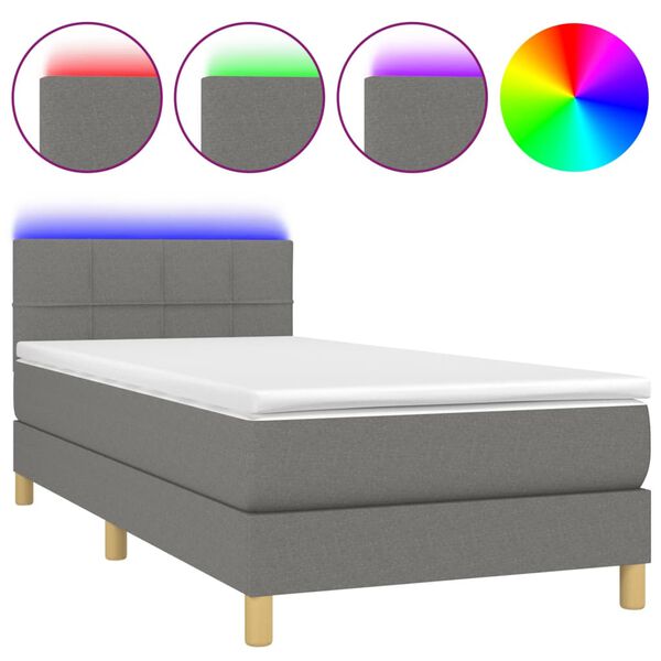 vidaXL Cama box spring c/ colch&atilde;o e LED 90x190 cm tecido cinza-escuro