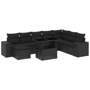 vidaXL 9 pcs conjunto de sof&aacute;s p/ jardim c/ almofad&otilde;es vime PE preto