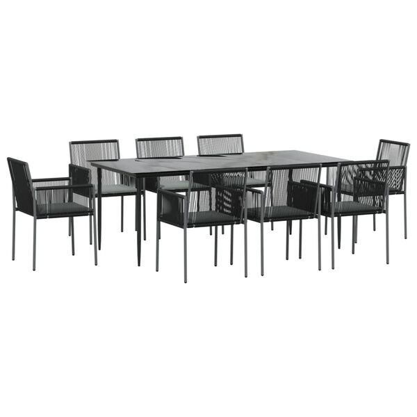 vidaXL 9 pcs conjunto jantar p/ jardim c/ almofad&otilde;es vime PE/a&ccedil;o preto