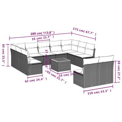 vidaXL 12 pcs conjunto de sofás de jardim c/ almofadões vime PE preto