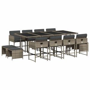 vidaXL 13 pcs conjunto jantar p/ jardim c/ almofad&otilde;es vime PE cinzento