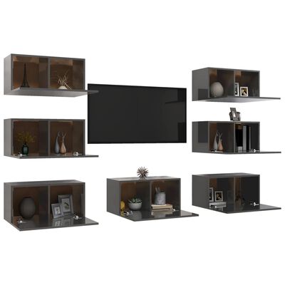 vidaXL Móveis de TV 7 pcs 30,5x30x60 cm contraplacado cinzento brilhante