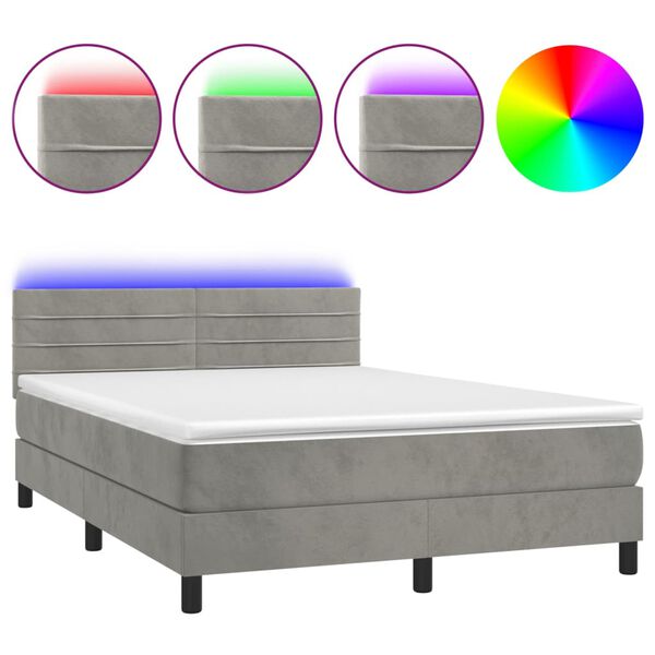 vidaXL Cama box spring c/ colch&atilde;o/LED 140x200 cm veludo cinzento-claro