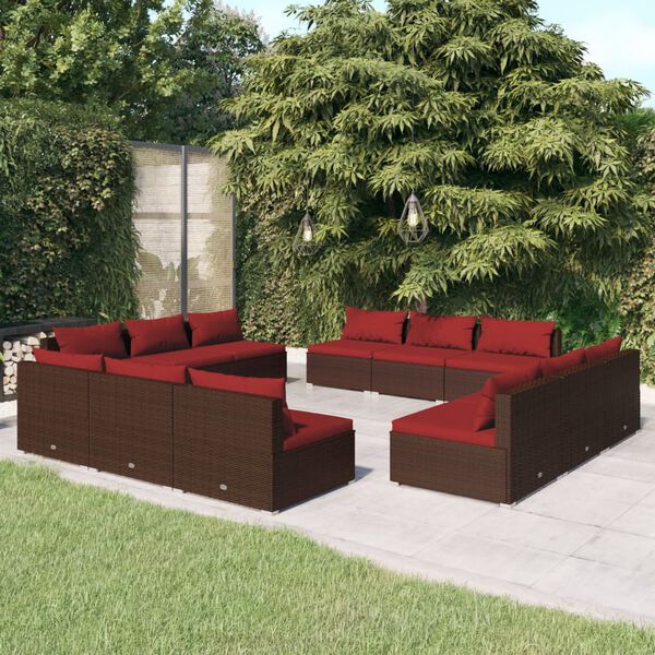 vidaXL 12 pcs conjunto lounge jardim c/ almofad&otilde;es vime PE castanho