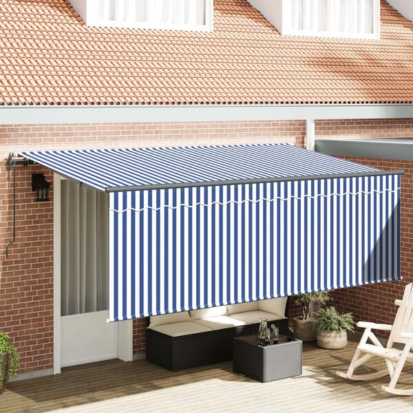 vidaXL Toldo Retr&aacute;til Azul e Branco 400 x 200 cm Poli&eacute;ster e Alum&iacute;nio