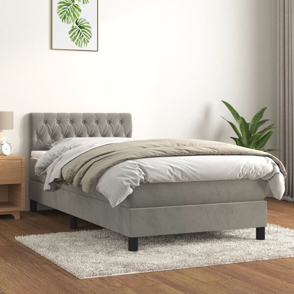vidaXL Cama com molas/colch&atilde;o 100x200 cm veludo cinza-claro