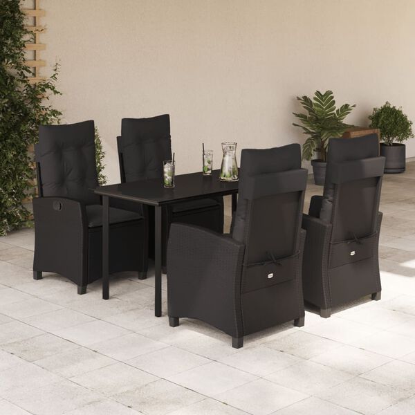 vidaXL 5 pcs conjunto de jantar p/ jardim c/ almofad&otilde;es vime PE preto
