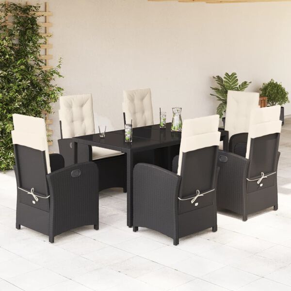 vidaXL 7 pcs conjunto de jantar p/ jardim c/ almofad&otilde;es vime PE preto