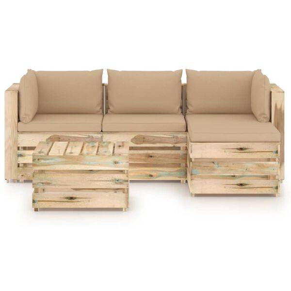vidaXL 5 pcs conj. lounge jardim c/ almofad&otilde;es madeira impreg. verde