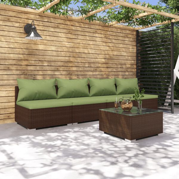 vidaXL 5 pcs conjunto lounge jardim c/ almofad&otilde;es vime PE castanho