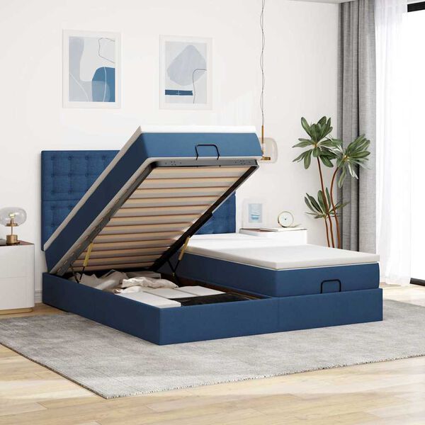 vidaXL Estrutura de cama otomana com colch&otilde;es 160x200cm tecido azul