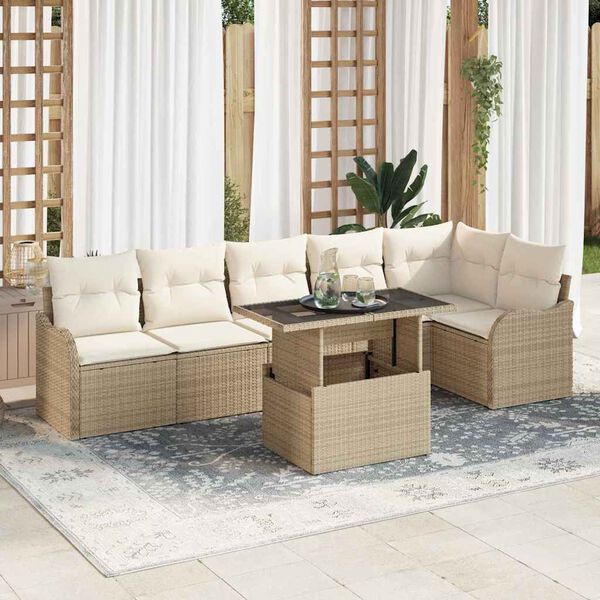 vidaXL Conjunto de Sof&aacute; de Jardim 7 pcs Bege Rattan de Polipropileno