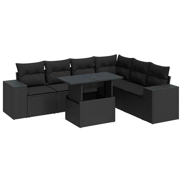 vidaXL 7 pcs conjunto de sof&aacute;s p/ jardim c/ almofad&otilde;es vime PE preto
