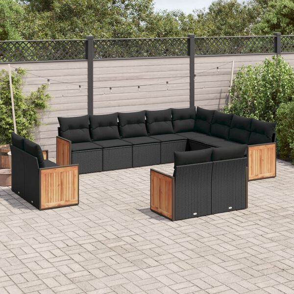 vidaXL 12 pcs conjunto de sof&aacute;s de jardim c/ almofad&otilde;es vime PE preto
