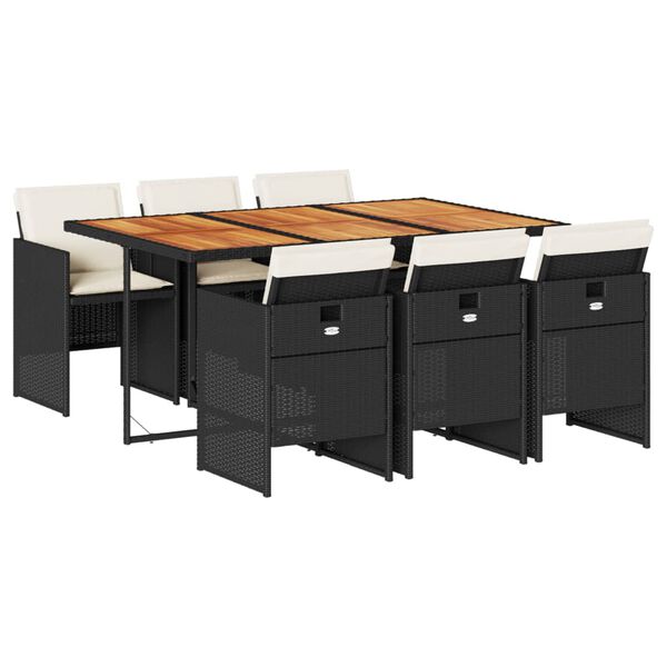 vidaXL 7 pcs conjunto de jantar p/ jardim c/ almofad&otilde;es vime PE preto