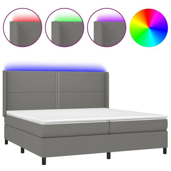 vidaXL Cama box spring c/ colch&atilde;o e LED 200x200 cm tecido cinza-escuro