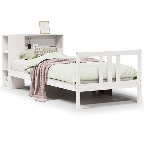 vidaXL Cama com estante sem colchão 90x200 cm pinho maciço branco