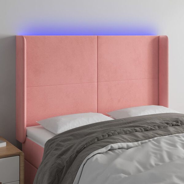 vidaXL Cabeceira de cama c/ luzes LED veludo 147x16x118/128 cm rosa