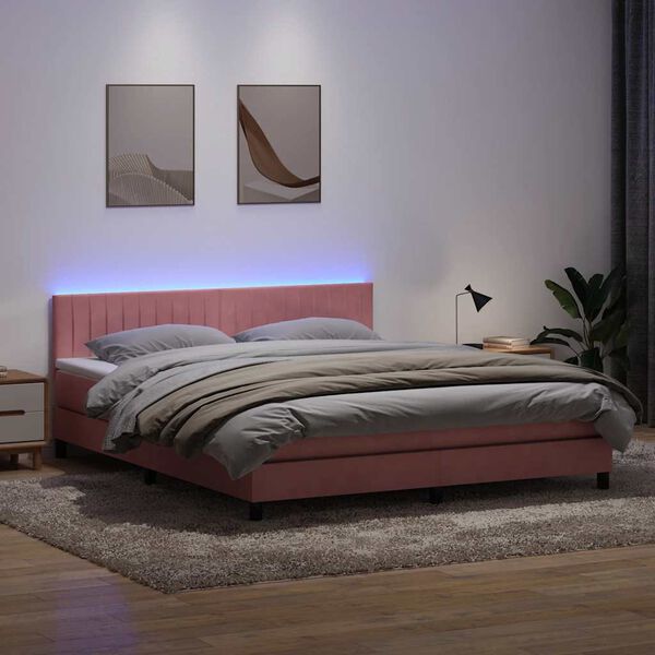 vidaXL Cama box spring c/ colch&atilde;o e LED 180x210 cm veludo Rosa