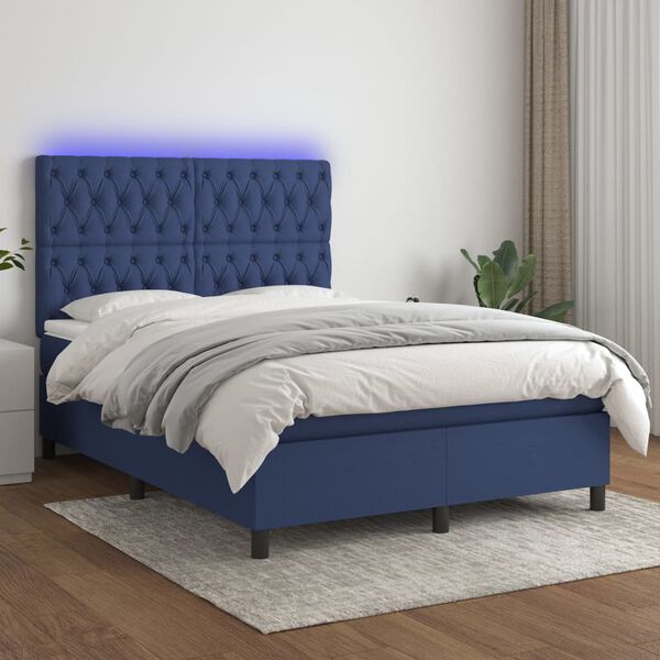 vidaXL Cama box spring c/ colch&atilde;o e LED 140x200 cm tecido azul
