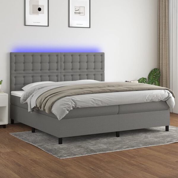 vidaXL Cama box spring c/ colch&atilde;o e LED 200x200 cm tecido cinza-escuro