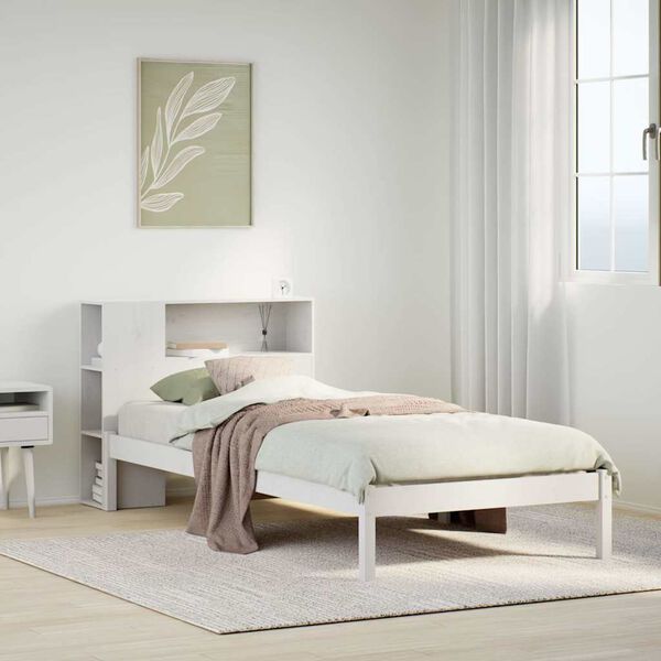 vidaXL Cama com estante sem colch&atilde;o 75x190 cm pinho maci&ccedil;o branco