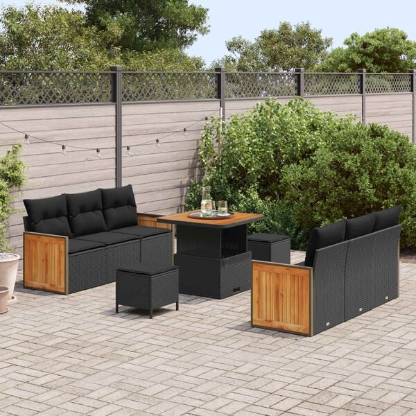 vidaXL Conjunto de Sof&aacute; de Jardim com almofada 11 pcs Preto vime PE
