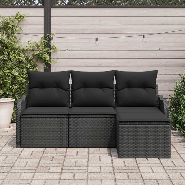 vidaXL Conjunto de Sof&aacute; de Jardim com almofada 4 pcs Preto vime PE