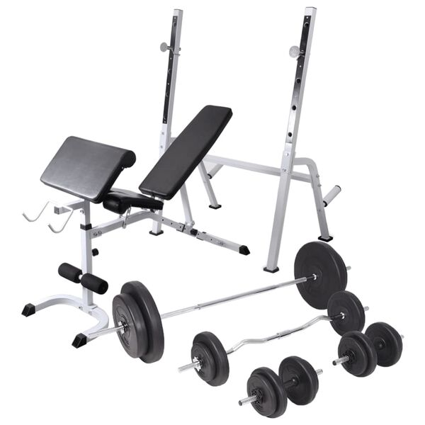vidaXL Banco muscula&ccedil;&atilde;o c/ suporte p/ pesos + barras e halteres 90 kg