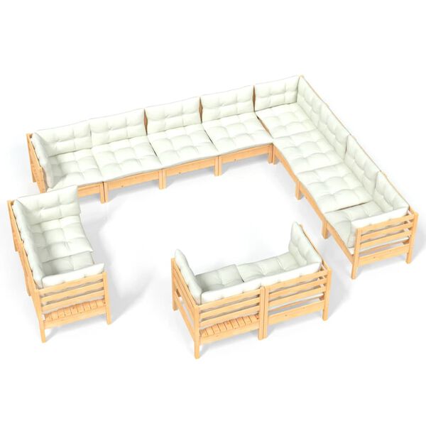 vidaXL 12 pcs conjunto lounge jardim c/ almofad&otilde;es creme pinho maci&ccedil;o