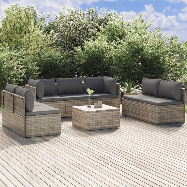 vidaXL 8 pcs conjunto lounge de jardim c/ almofad&otilde;es vime PE cinzento