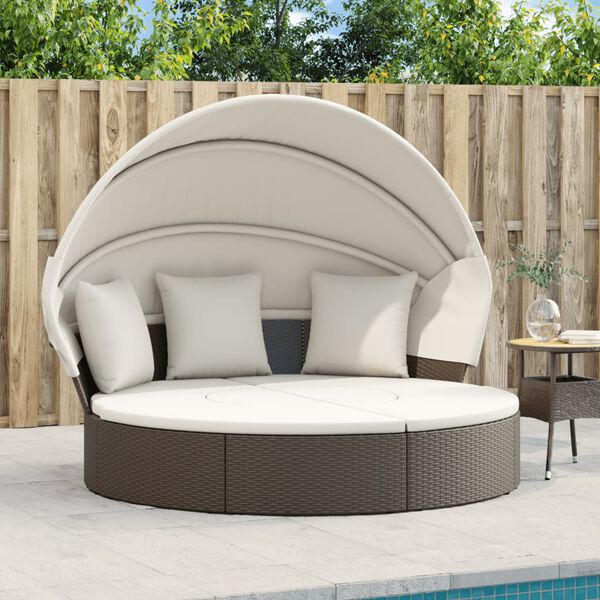 vidaXL Cama lounge de exterior c/ toldo e almofad&otilde;es vime PE castanho