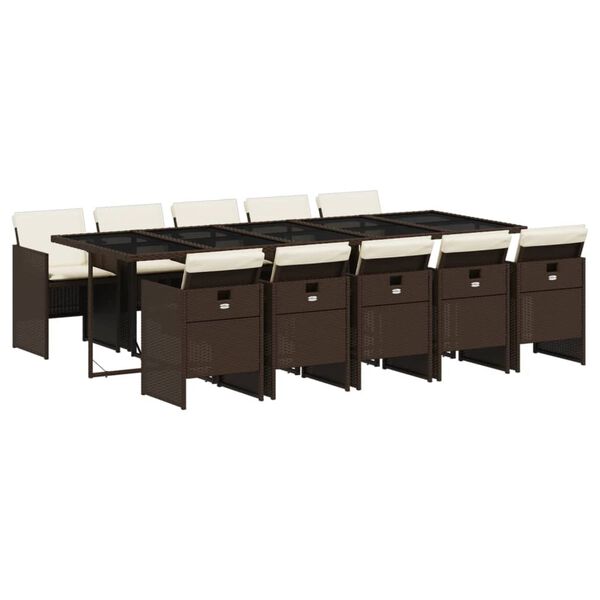 vidaXL 11 pcs conjunto jantar p/ jardim c/ almofad&otilde;es vime PE castanho