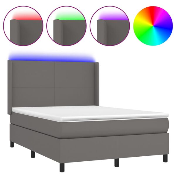 vidaXL Cama box spring c/ colch&atilde;o/LED 140x190cm couro artificial cinza