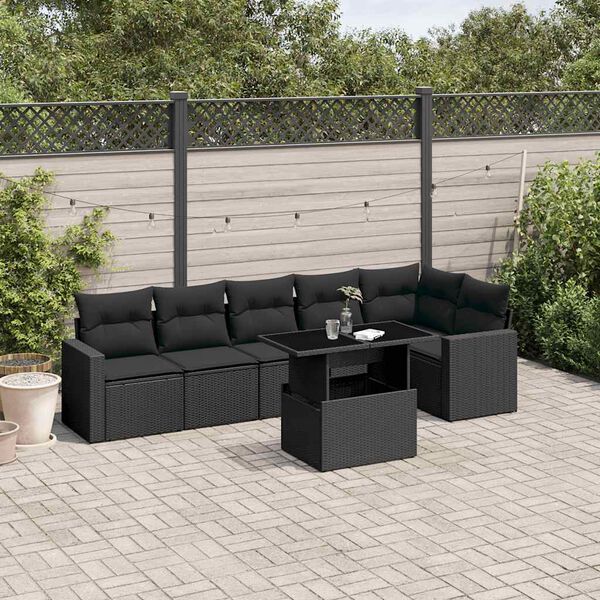 vidaXL 7 pcs conjunto de sof&aacute;s p/ jardim c/ almofad&otilde;es vime PE preto