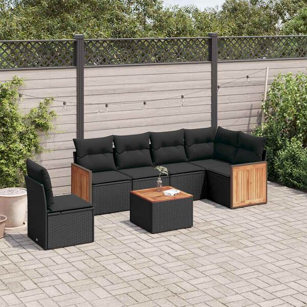 vidaXL 7 pcs conjunto de sof&aacute;s p/ jardim c/ almofad&otilde;es vime PE preto