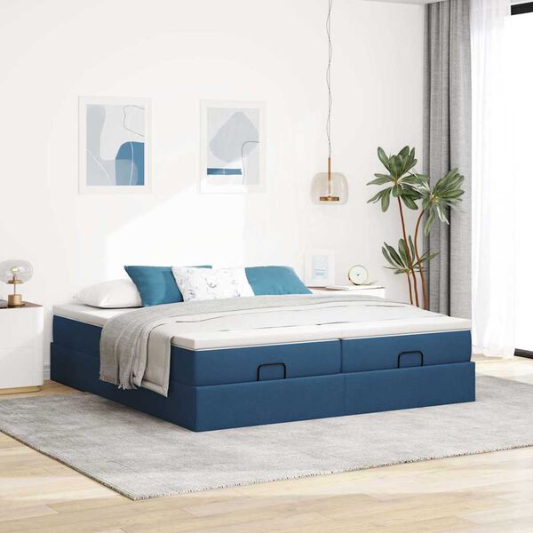 vidaXL Estrutura de cama otomana com colch&otilde;es 200x200cm tecido azul