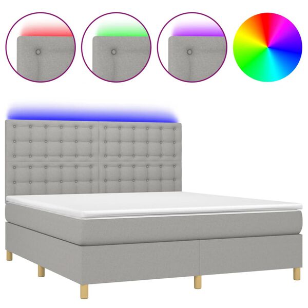 vidaXL Cama box spring c/ colch&atilde;o e LED 180x200 cm tecido cinza-claro