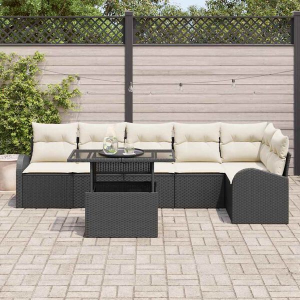 vidaXL Conjunto de Sof&aacute; de Jardim 7 pcs Preto e creme vime PE