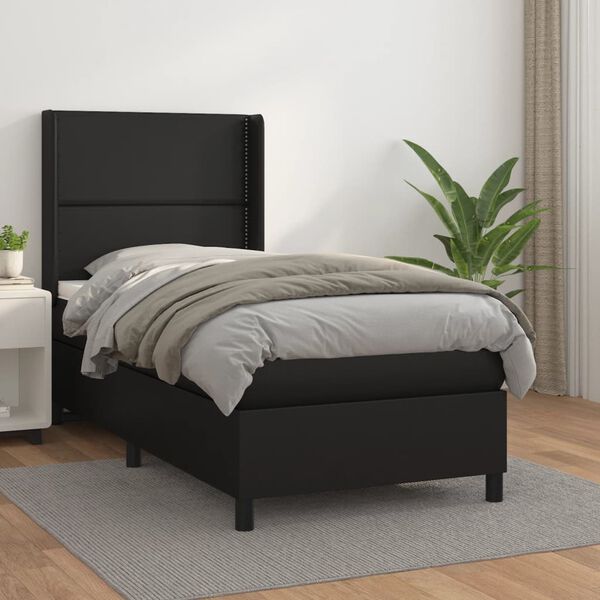 vidaXL Cama com molas/colchão 90x200 cm couro artificial preto