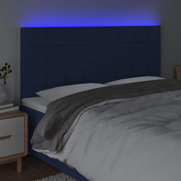 vidaXL Cabeceira de cama c/ luzes LED tecido 180x5x118/128 cm azul