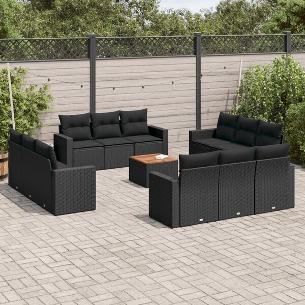 vidaXL 13 pcs conjunto de sof&aacute;s de jardim com almofad&otilde;es vime PE preto