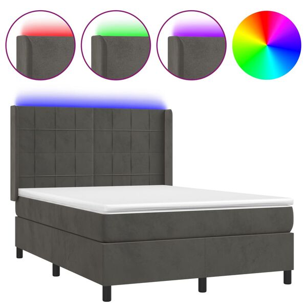 vidaXL Cama box spring c/ colch&atilde;o/LED 140x200cm veludo cinzento-escuro