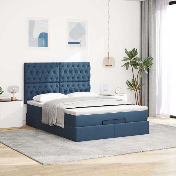 vidaXL Estrutura de cama otomana com colch&atilde;o tecido azul 140x200cm
