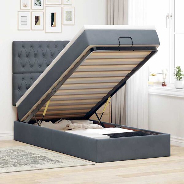 vidaXL Estrutura cama otomana colch&otilde;es 90x190cm veludo cinzento escuro
