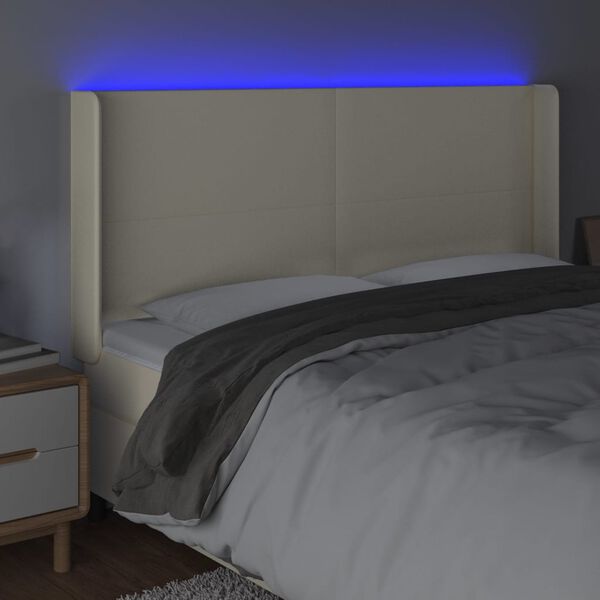 vidaXL Cabeceira cama c/ LED 203x16x118/128 cm couro artificial cr&egrave;me
