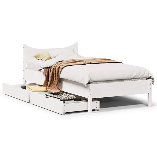 vidaXL Estrutura de cama com gavetas 75x190 cm pinho maciço branco